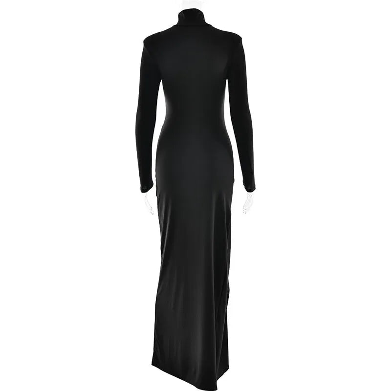 Turtleneck With Side Split And  Shoulder Pads Maxi Dress