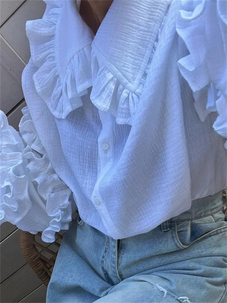 White Ruffled Casual Shirts Lapel Long Sleeve