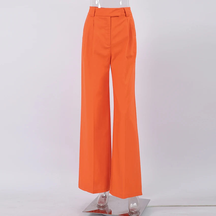 Elegant Orange High Waist Pants Pleated Wide Legs Cotton Linen