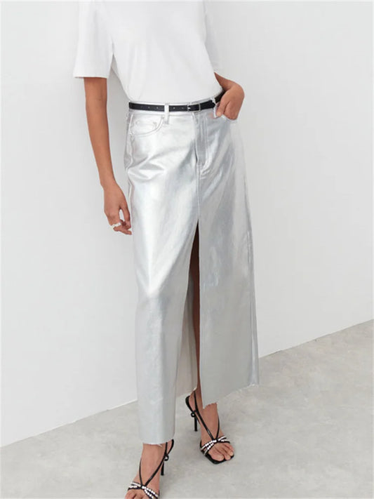 Silver Slim High Split Long Skirt