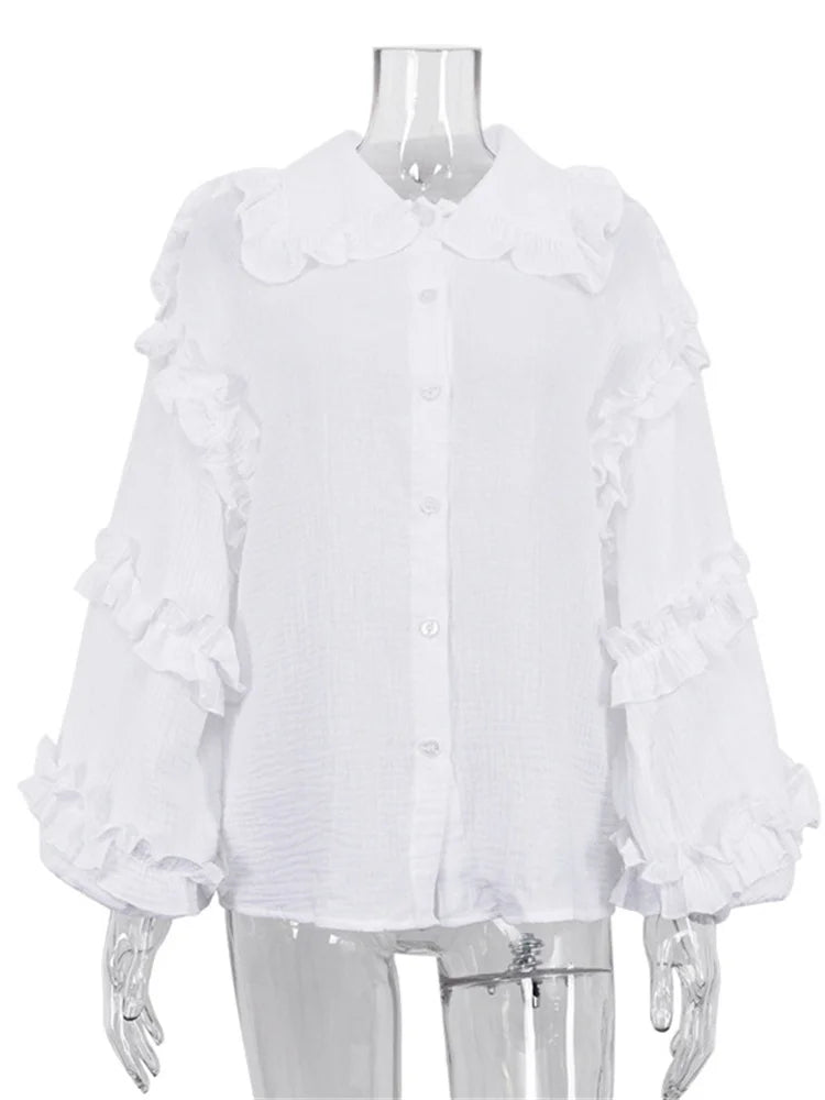 White Ruffled Casual Shirts Lapel Long Sleeve