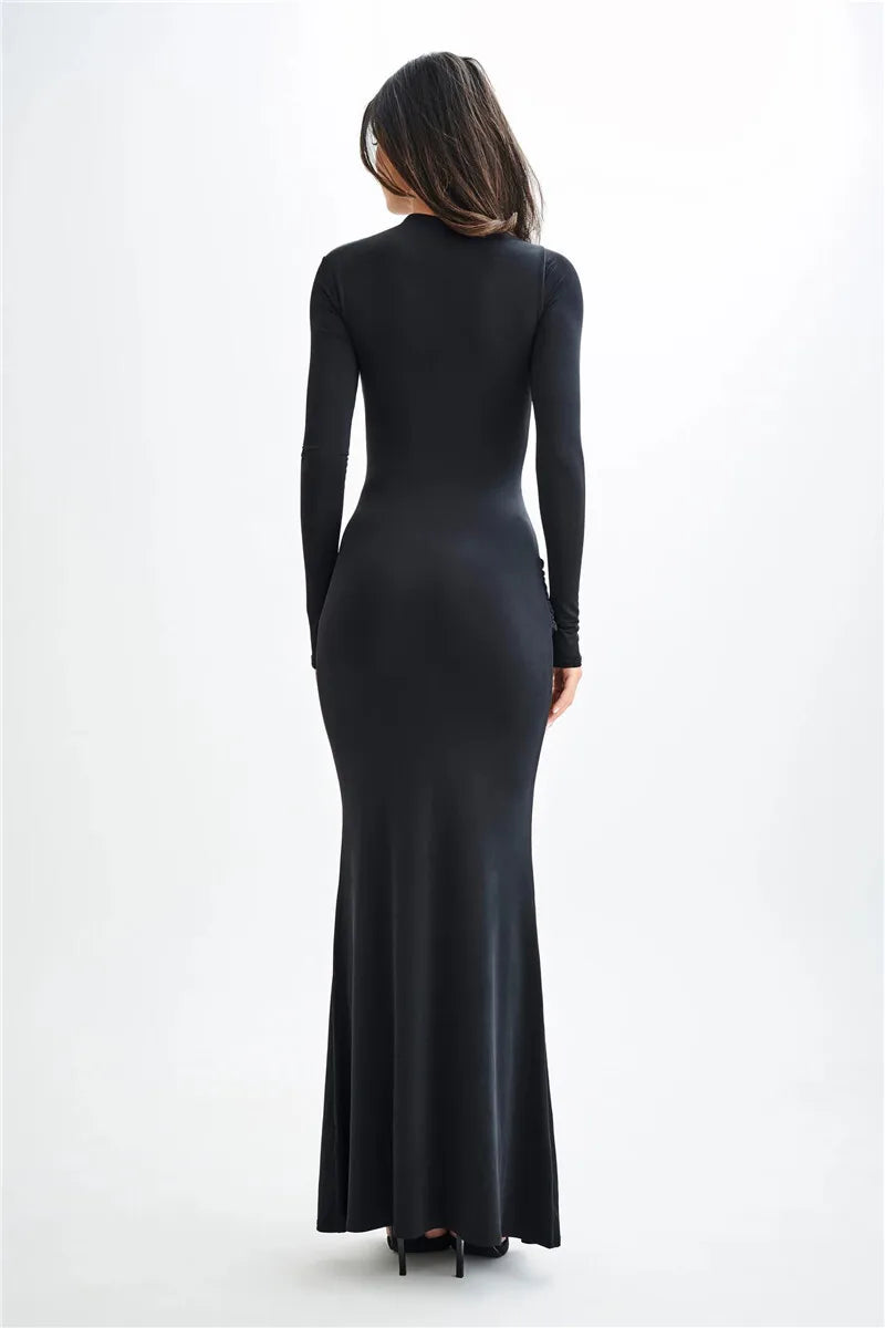 Boat Collar With Drapped Waist Long Sleeve Maxi Dress