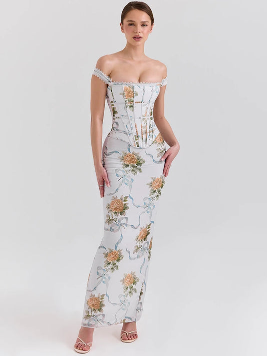 Floral Off Shoulder Corset Maxi Dress