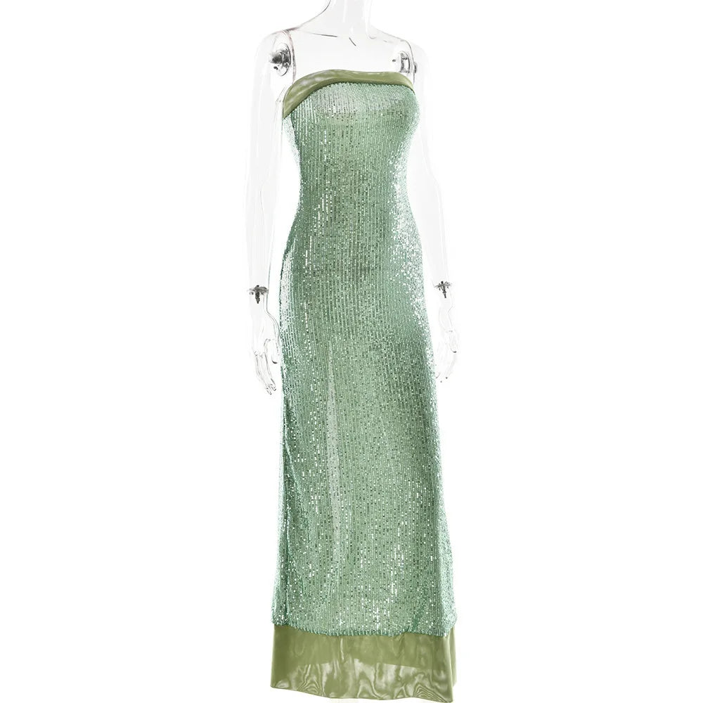 Glitter Sequins Sparkling Maxi Green Off Shoulder Evening Dress