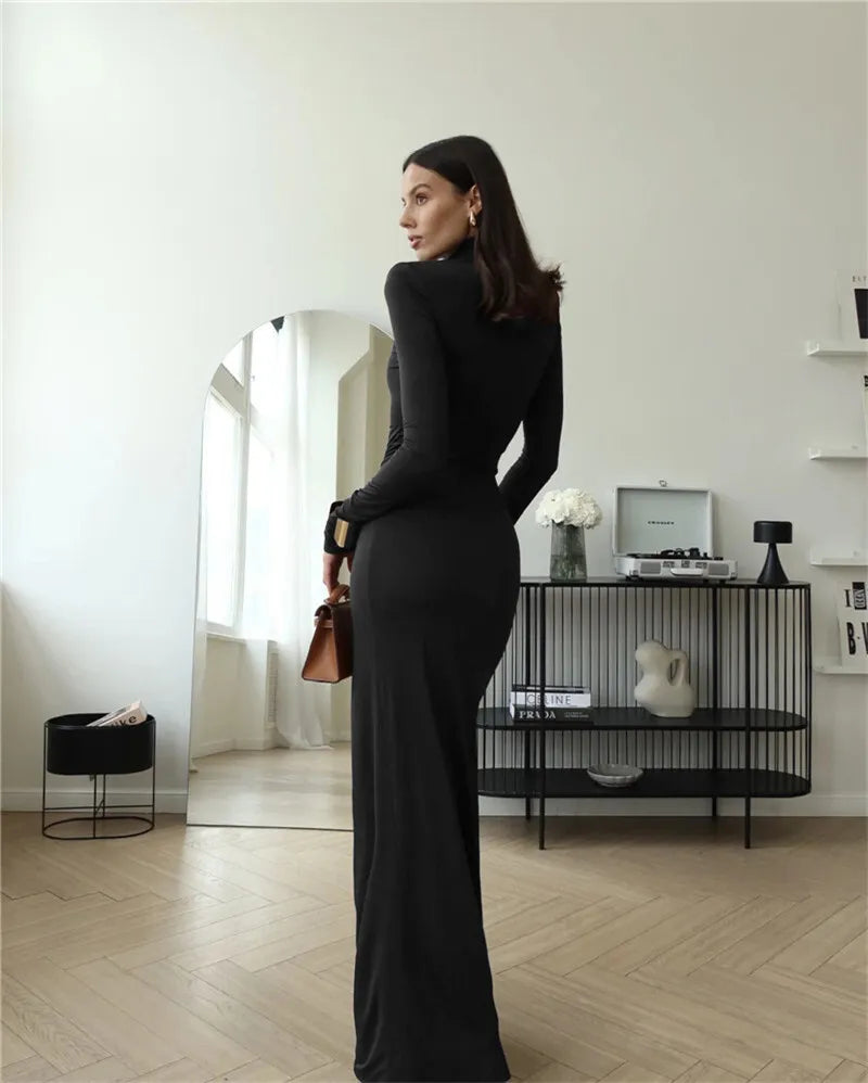 Turtleneck With Side Split And  Shoulder Pads Maxi Dress