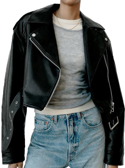 Faux Leather Oversized Cropped Biker Jacket