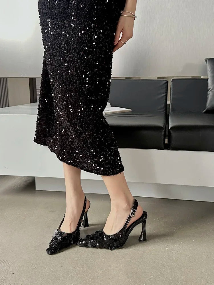 Sequin Embroidered Slingbacks High Heels Pumps