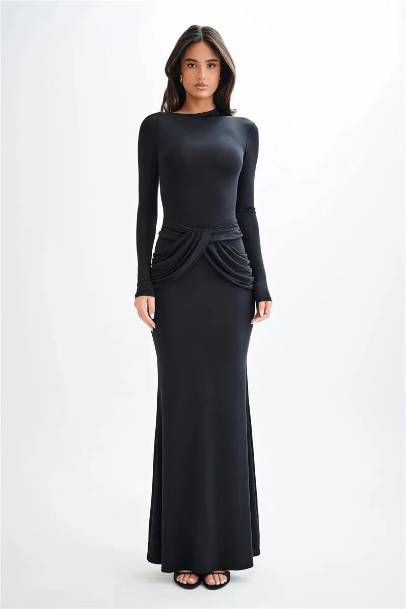 Boat Collar With Drapped Waist Long Sleeve Maxi Dress