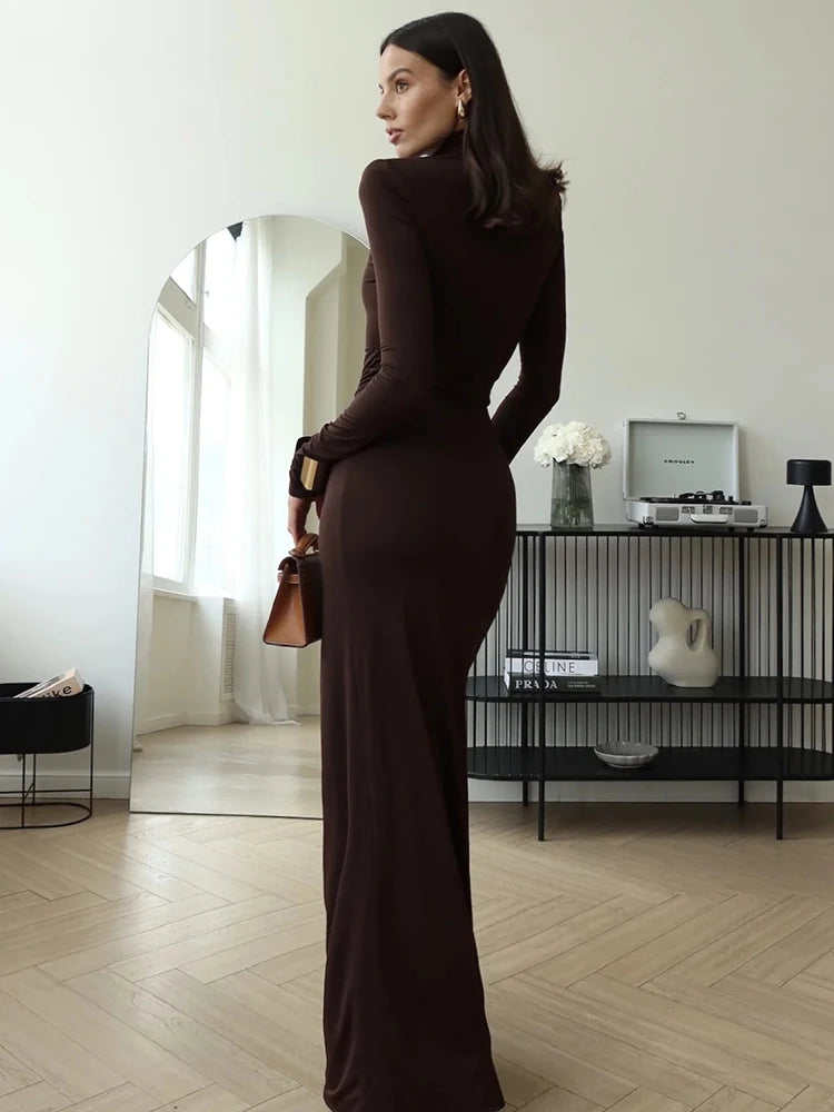 Turtleneck With Side SplitWith  Shoulder Pads Maxi Dress