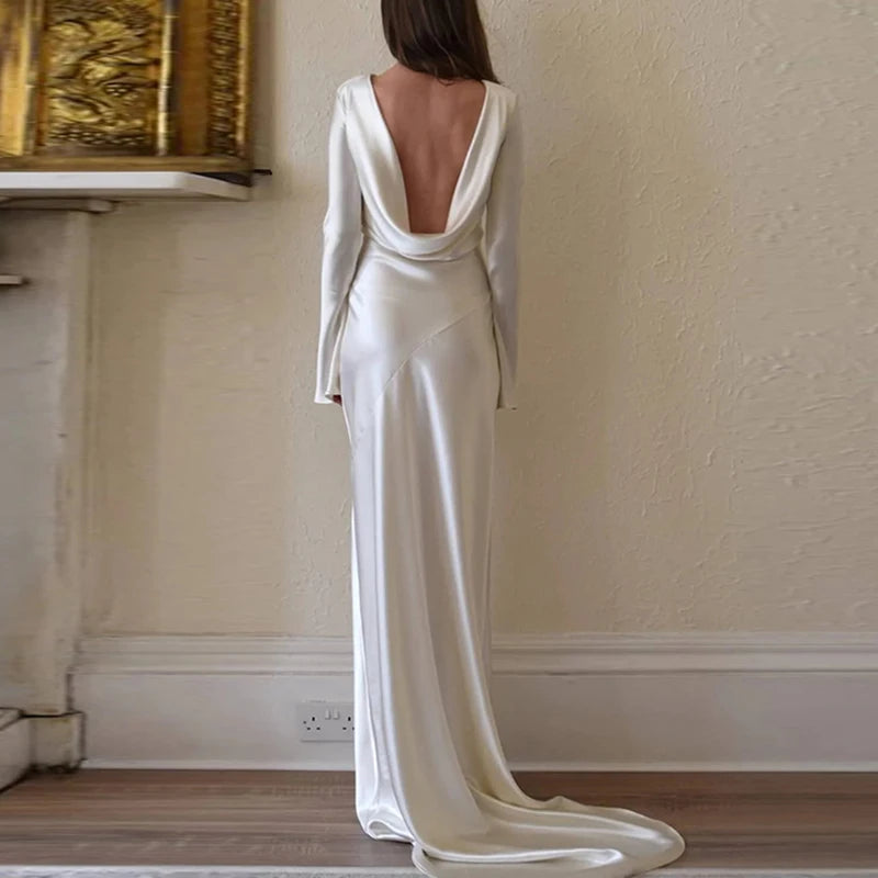 White Satin Long Sleeved Slim Evening Dress