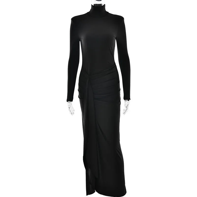 Turtleneck With Side Split And  Shoulder Pads Maxi Dress