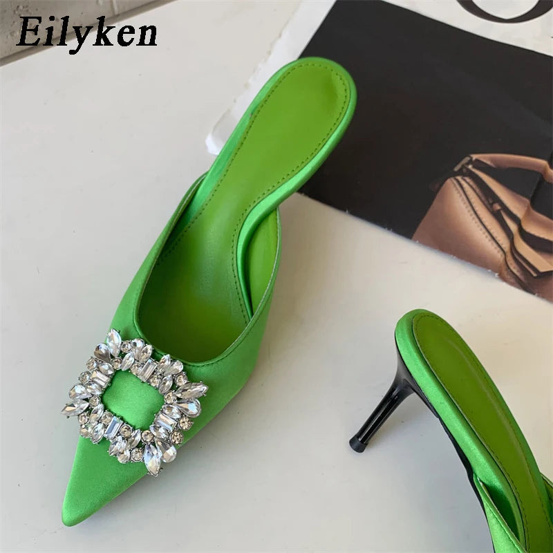 Rhinestone Crystal Silk Mules Pointed Toe High Heel