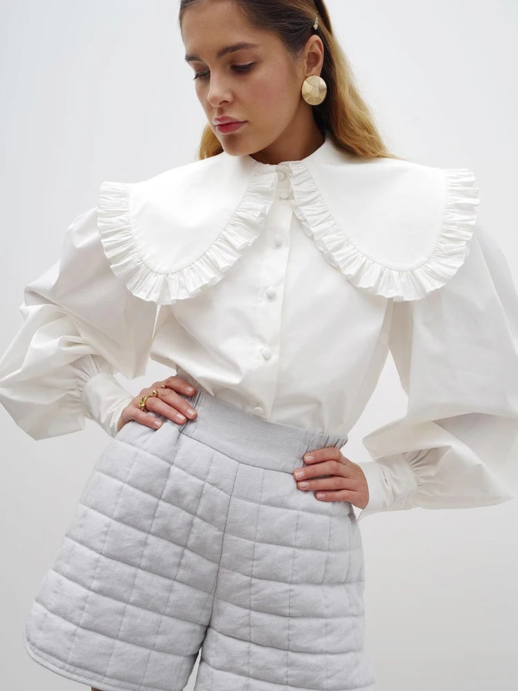 Ruffle Collar Blouse Long Sleeve Cotton Casual