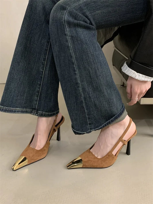 Pointed Cap Metal Toe Sling Back Heel