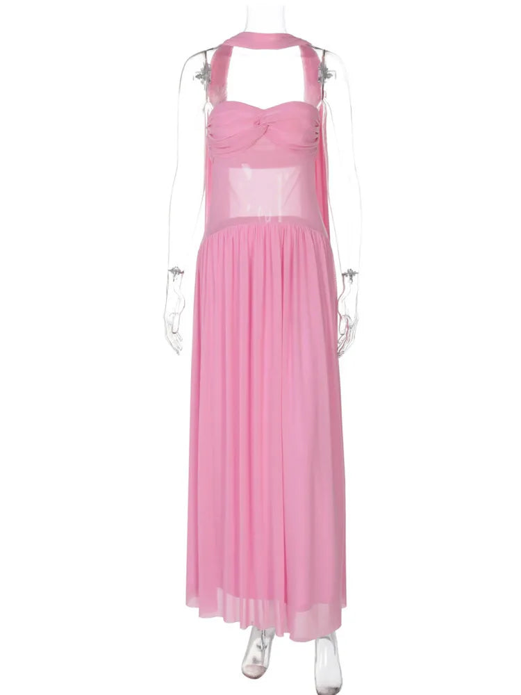 Off-shoulder Plated Mesh Long Dress
