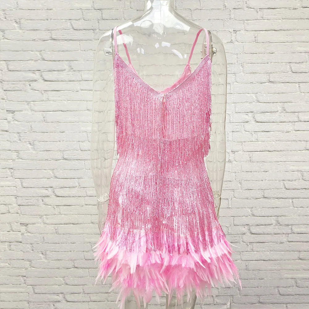 Fringe Feather Sequins Strap Mini Dress