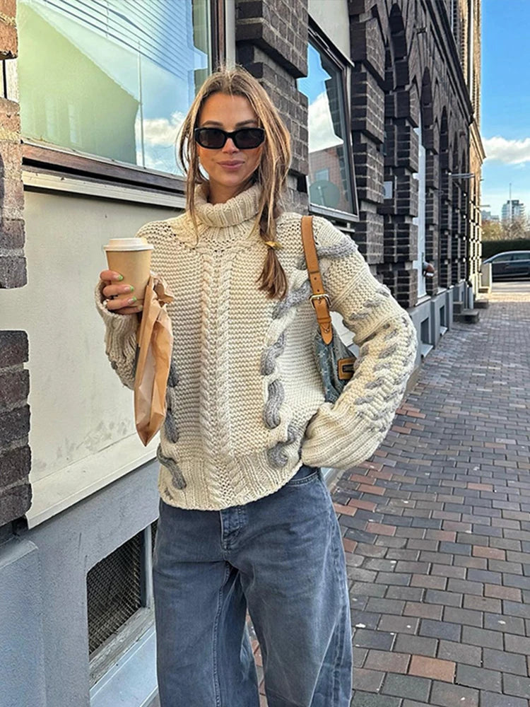 Contrast Twist Knitted Turtleneck Sweater