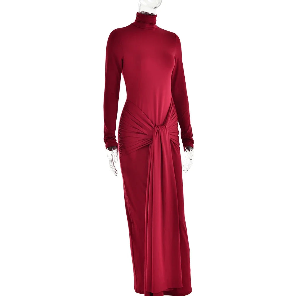 Bandage Spring Maxi Dress Slim Pleated Long Sleeve