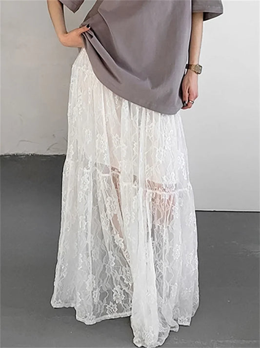 White Lace Maxi Long Skirt  High Waist