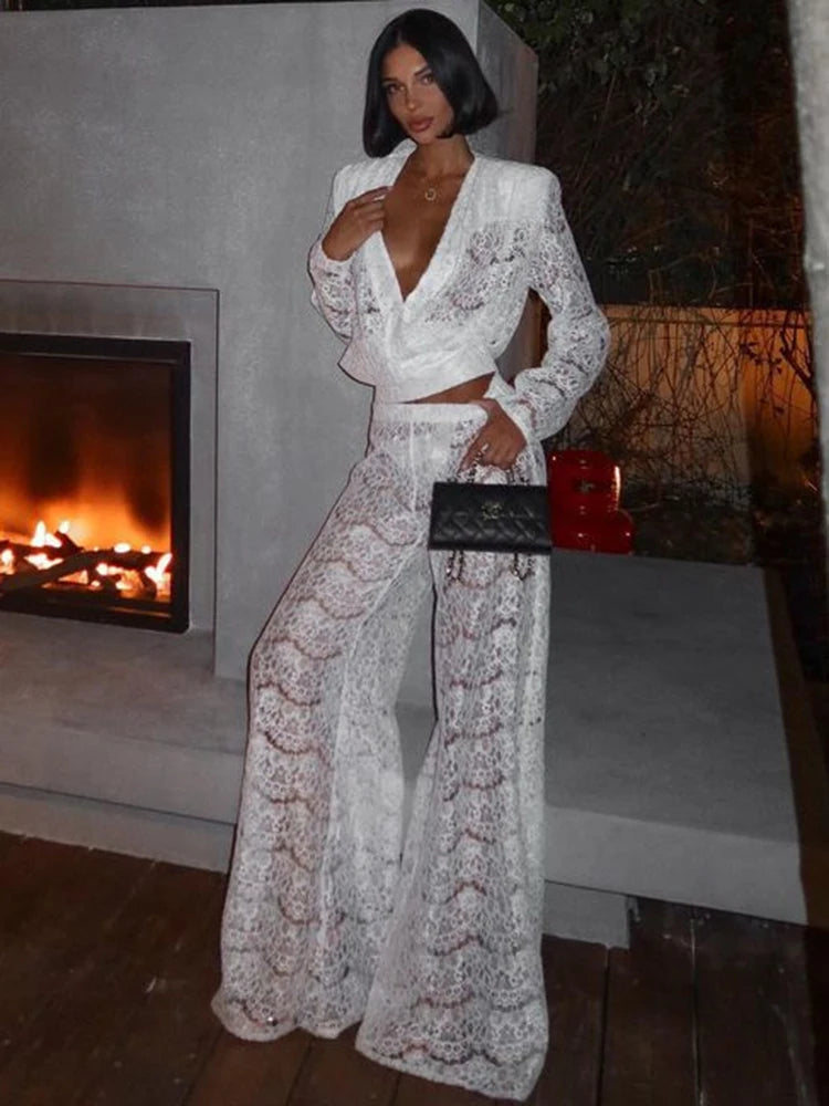 White Lace Two Piece Set Deep V Neck Long Sleeve Tops And Wide Pants