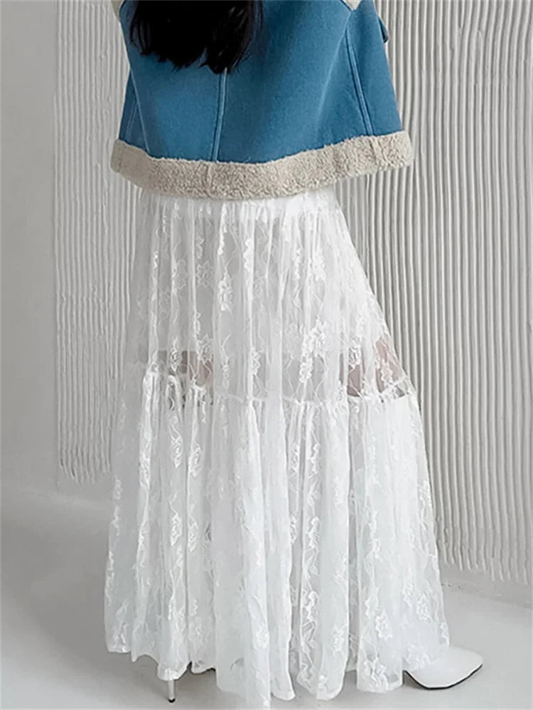 White Lace Maxi Long Skirt  High Waist