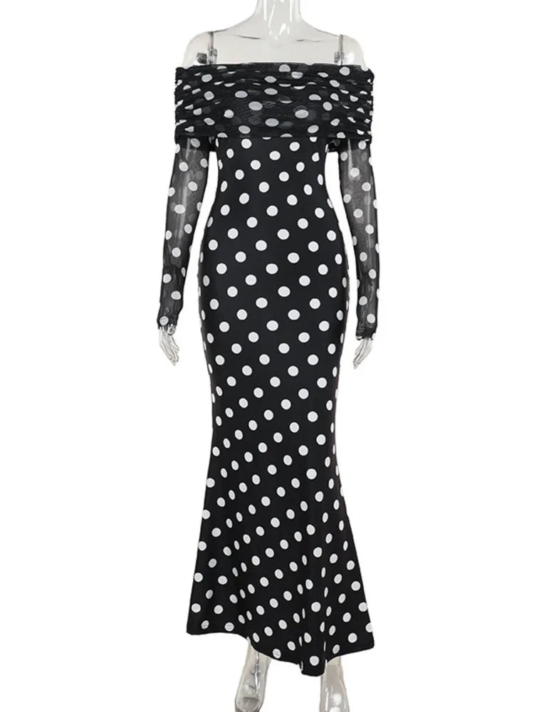 Long Sleeve Off-shoulder Bodycon Polka Dot Dress