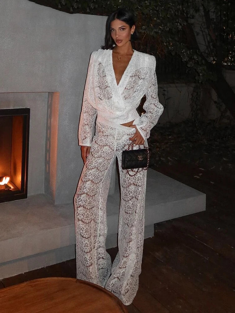 White Lace Two Piece Set Deep V Neck Long Sleeve Tops And Wide Pants