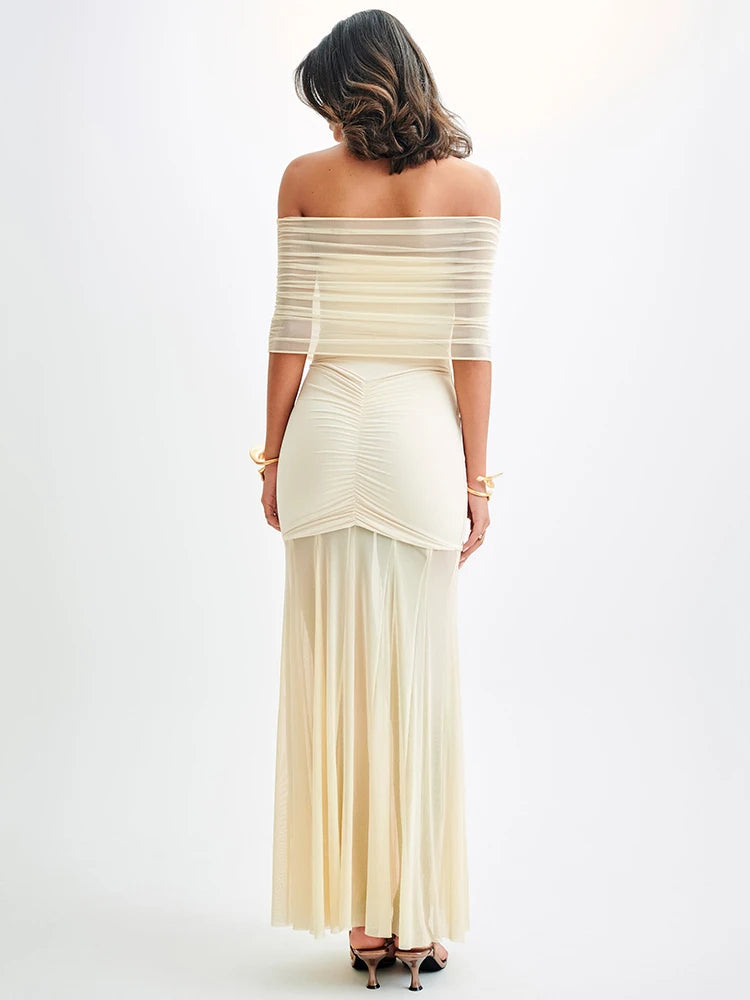 Off-shoulder Mesh Contrast Maxi Dress