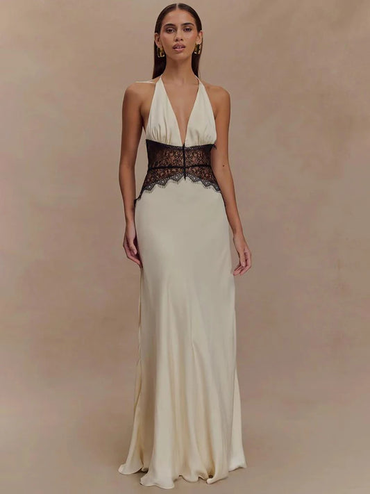 Halter Deep V Neck With Lace Backless Maxi Dress