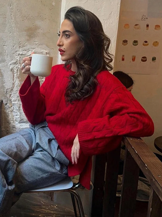 Red Knitted Oversized Cable Sweater