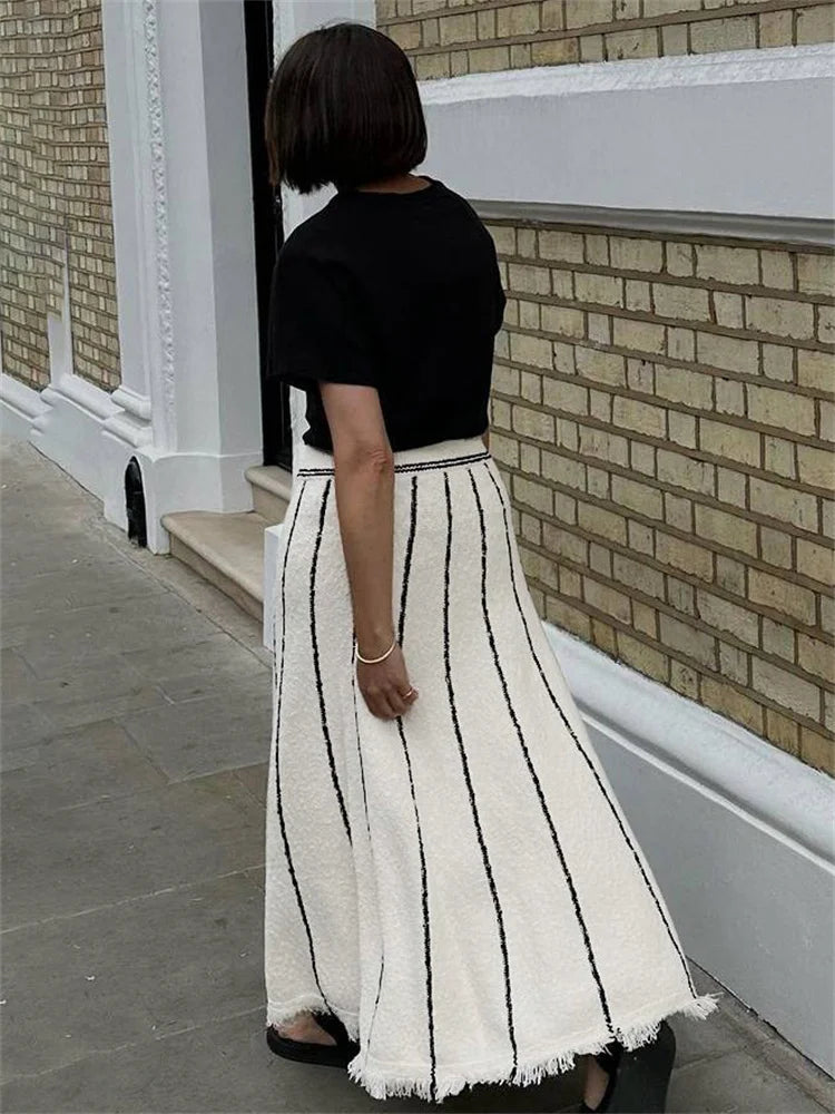 Fringed Striped Knit Long Skirt With High Waist