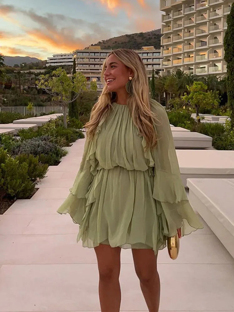 Green Ruffles Pleated Mini Dress