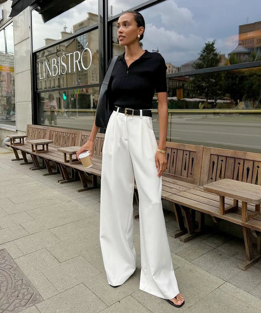 High Waist Floor-Length Pleated Trousers