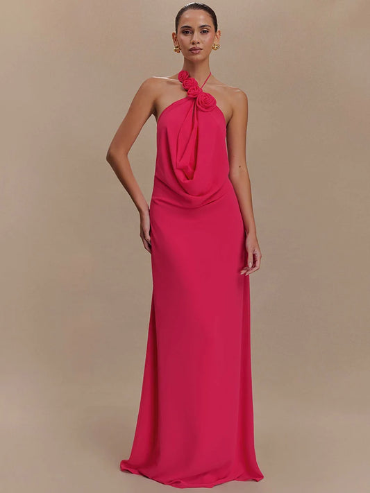 Rose Applique Halter Backless Maxi Dress