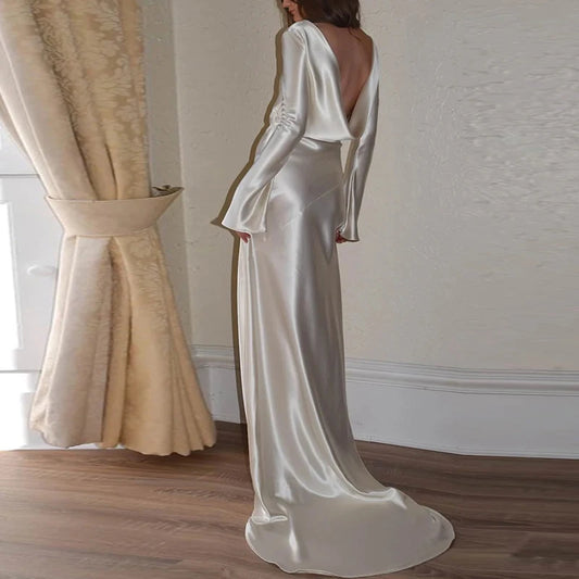 White Satin Long Sleeved Slim Evening Dress