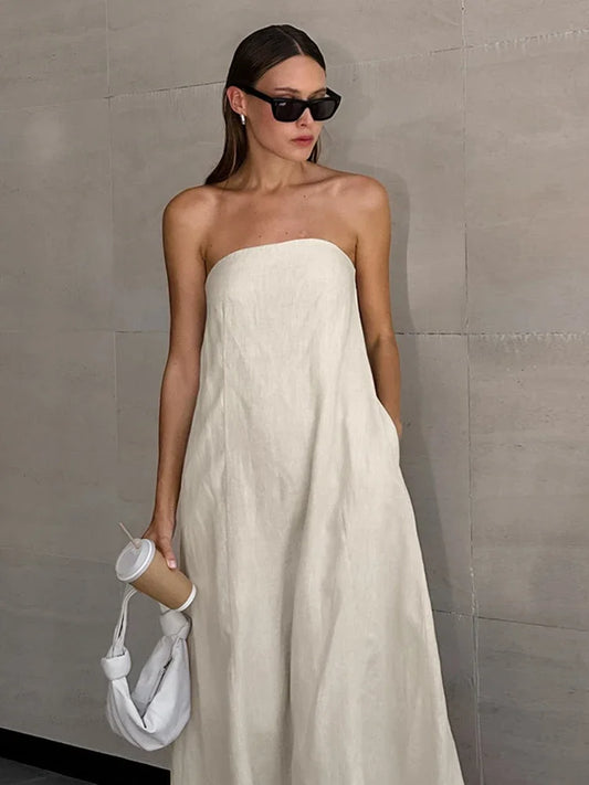 Cotton Linen Strapless Long Dress With Pockets