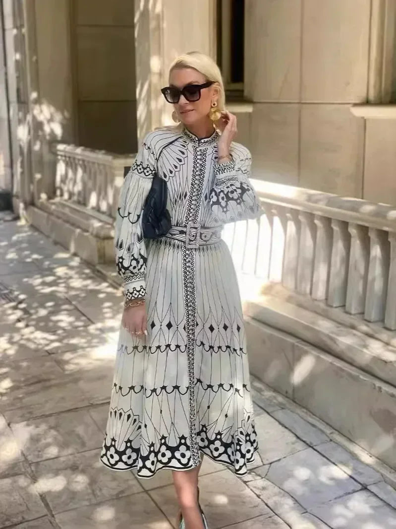 Printed Wide Sleeve With Belt Boho Dress