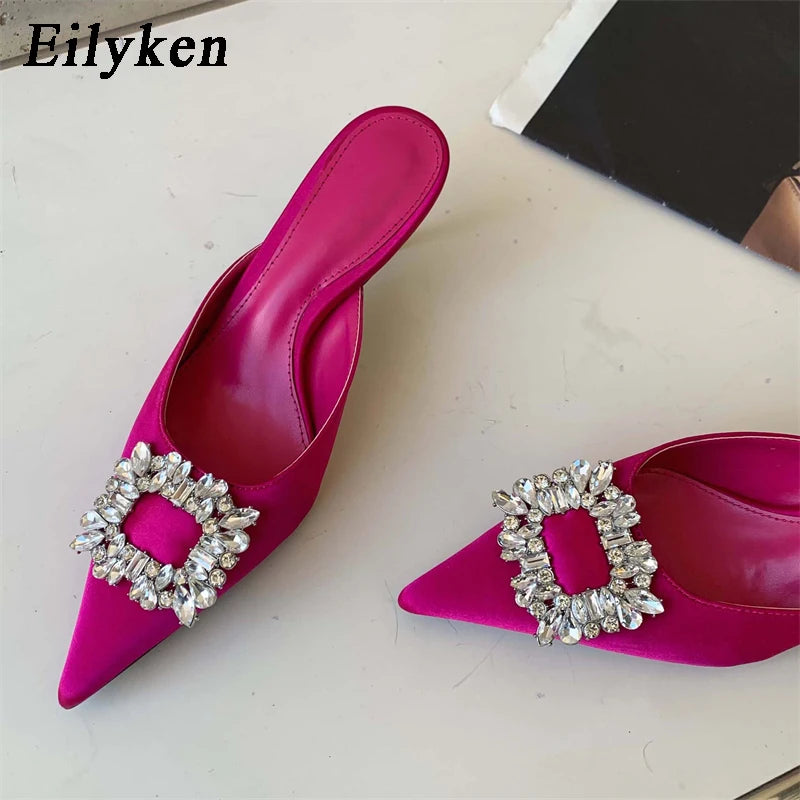 Rhinestone Crystal Silk Mules Pointed Toe High Heel