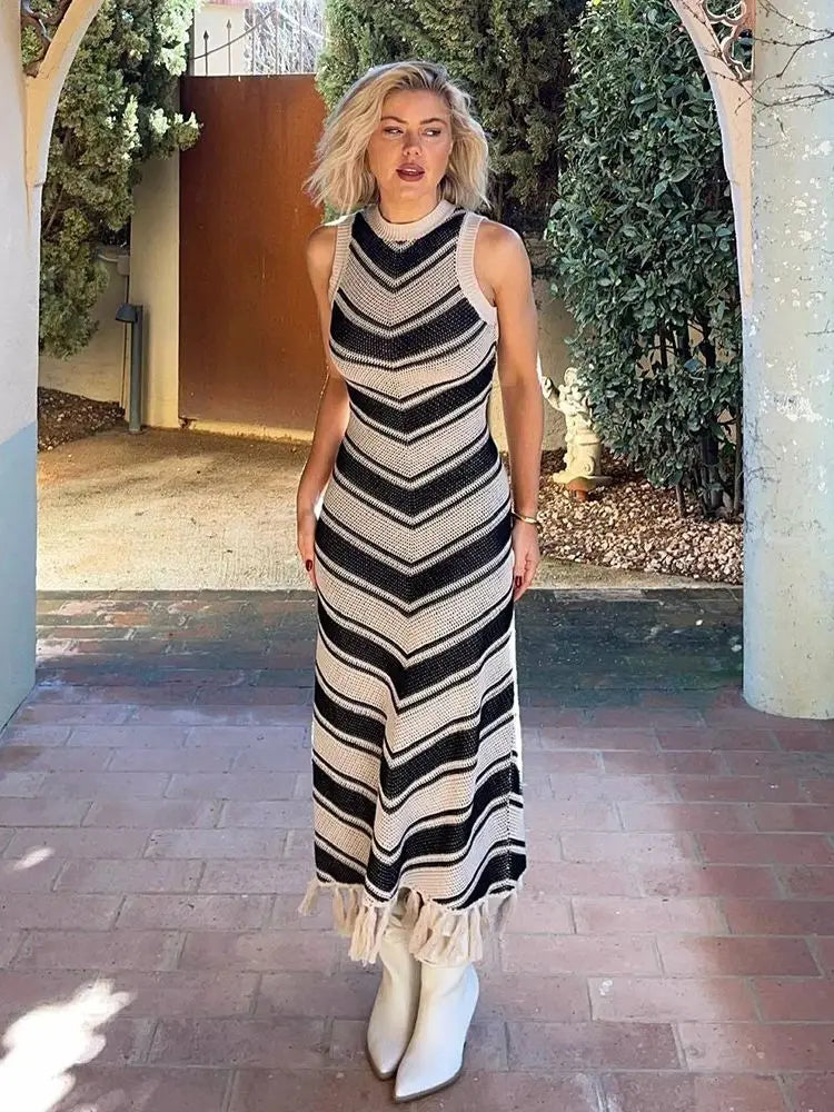 Striped Knitted Long Dress With Tassel