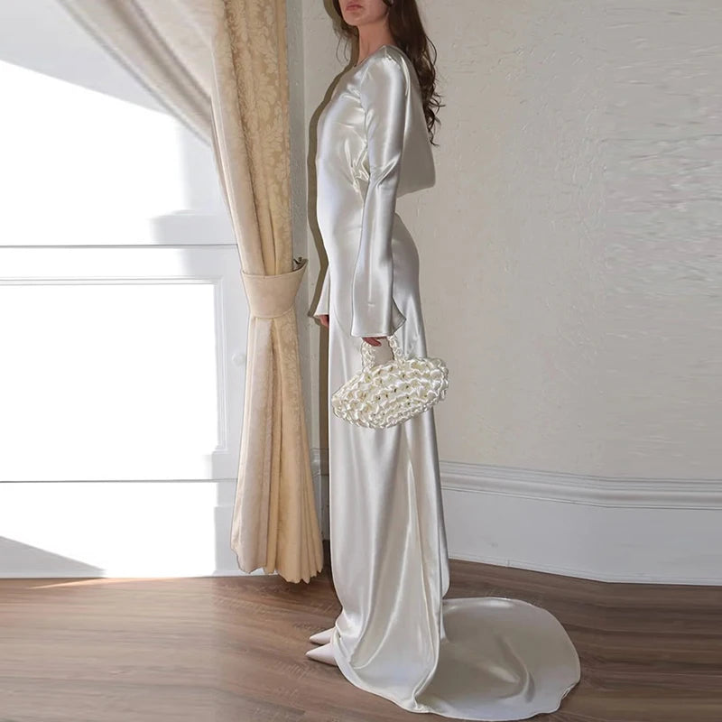 White Satin Long Sleeved Slim Evening Dress